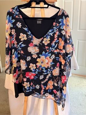 Vamp Black Floral V-Neck Chiffon Blouse with Multicolor Blooms 3X